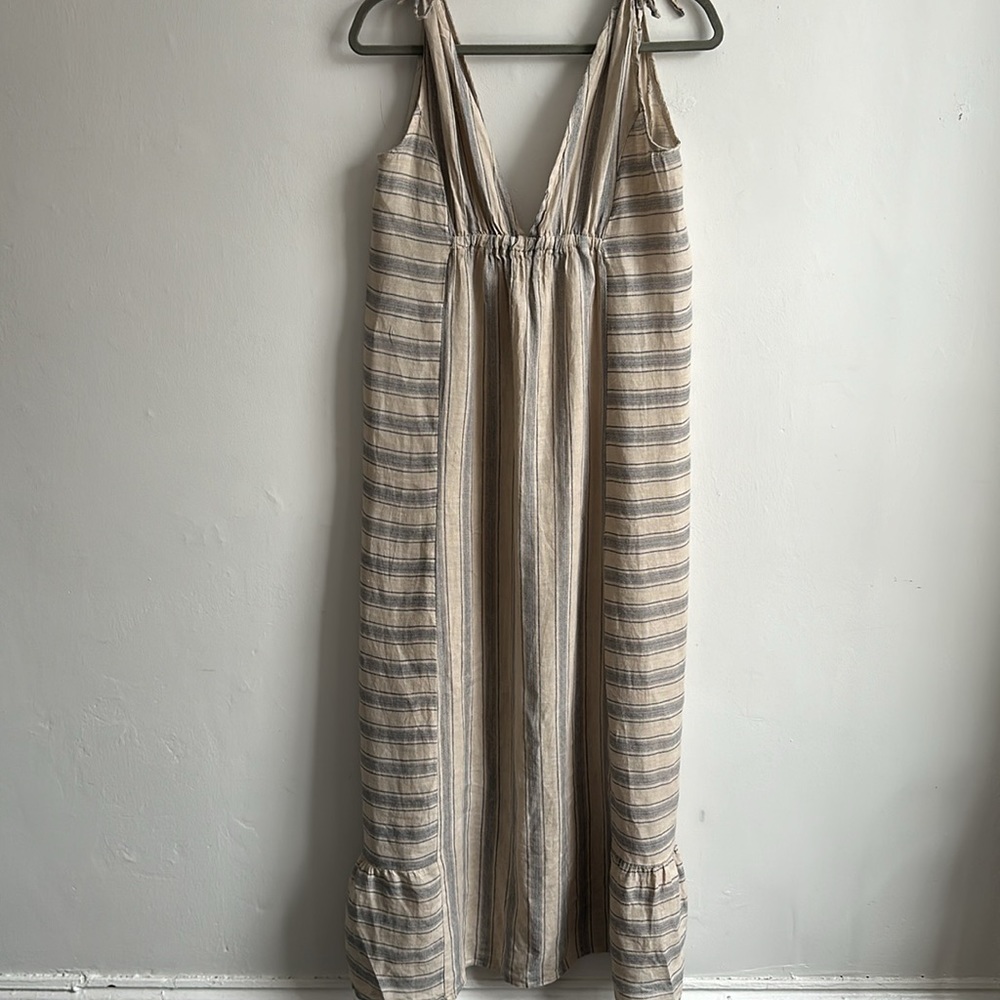 100% Italian linen beige and navy striped maxi sundress, women’s Medium